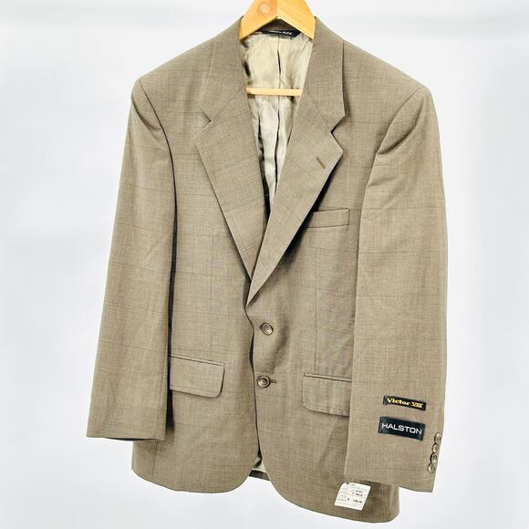 NWT Vintage 90s Halston Wool Blend Taupe Windowpane Two Button Blazer Jacket